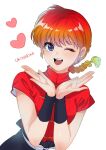  1girl ;d artist_name black_pants blonde_hair blue_eyes braid braided_ponytail breasts chinese_clothes commentary eyelashes frog_button gradient_hair hands_up heart highres large_breasts looking_at_viewer mandarin_collar multicolored_hair one_eye_closed open_mouth own_hands_together pants ranma-chan ranma_1/2 red_hair red_shirt romaji_text round_teeth shirt short_sleeves simple_background single_braid smile solo tangzhuang teeth toggles ukinarika upper_body upper_teeth_only w_arms white_background 