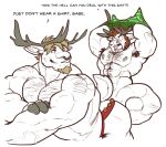  2018 abs angry anthro antlers armpit_hair beard bell biceps blonde_hair body_hair butt capreoline chest_hair clothed clothing convenient_censorship deer dialogue duo english_text facial_hair facial_piercing goatee green_clothing green_shirt green_topwear hair happy_trail hi_res horn jingle_bell jingle_bell_jockstrap jockstrap jockstrap_only line_art male mammal muscular muscular_anthro muscular_male muscular_thighs nightterror nipples nose_piercing nose_ring pecs piercing putting_on_shirt red_clothing red_hair red_jockstrap red_underwear reindeer ring_piercing septum_piercing septum_ring shirt short_tail shoulder_scar struggling tail text topless topwear triceps underwear underwear_only zato 