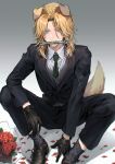  1boy animal_ears black_footwear black_jacket black_necktie black_pants black_socks black_suit blonde_hair blue_eyes bouquet collared_shirt dog_boy dog_tail flower formal full_body grey_background highres inui_seishu jacket long_hair long_sleeves looking_at_viewer male_focus mouth_hold nanin necktie pants rose scar scar_on_face shirt shoes sitting socks solo suit tail teeth tokyo_revengers white_shirt wrench 