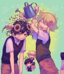  100momom 2boys basil_(omori) black_eyes black_hair black_sweater_vest blonde_hair blush closed_eyes closed_mouth collared_shirt flower green_sweater_vest hair_flower hair_ornament heart highres holding holding_watering_can looking_at_another multiple_boys omori open_mouth shirt short_hair short_sleeves socks spoilers sunny_(omori) sweater_vest watering_can white_shirt white_socks 