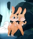  absurd_res anthro anus bathing big_breasts breasts duo female female/female fingering from_behind_position genitals hi_res lagomorph leaning leaning_forward leporid mammal nature outside pussy rabbit rock romantic rubbing_pussy sex softcore_works waterfall 
