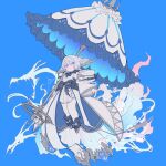  1girl ahoge animal_ears b_exjo2 bare_shoulders blue_background blue_eyes dress floating granblue_fantasy grey_hair hair_between_eyes harvin holding holding_umbrella short_hair smile solo symbol-shaped_pupils umbrella wamdus_(granblue_fantasy) 