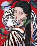  1boy absurdres androgynous animal_print back bishounen black_hair branch chinese_zodiac closed_mouth from_behind full_moon highres japanese_clothes kagoya1219 kimono long_hair looking_at_viewer looking_back male_focus moon off_shoulder original pine_tree ponytail print_kimono red_background sanpaku scar scar_across_eye scar_on_back signature solo straight_hair tiger tiger_print tree upper_body white_eyes white_kimono white_tiger year_of_the_tiger 