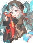  1girl :o bccommi black_pantyhose blue_eyes blue_hair blue_wings book brown_cape brown_dress brown_headwear bug_miku_(project_voltage) butterfly_wings cape dress fake_wings hair_between_eyes hair_through_headwear hand_up hatsune_miku highres holding holding_pokemon kricketune long_hair long_sleeves looking_at_viewer open_mouth pantyhose pokemon pokemon_(creature) project_voltage sitting solo star_(symbol) twintails very_long_hair white_background wings 