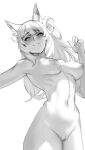  1girl absurdres animal_ear_fluff animal_ears arknights blemishine_(arknights) blush breasts censored closed_mouth completely_nude cowboy_shot greyscale heart heart-shaped_pupils highres horse_ears large_breasts long_hair looking_at_viewer monochrome mosaic_censoring navel nipples nude pussy simple_background smile solo stomach symbol-shaped_pupils tierla white_background 