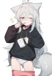  1girl ahoge animal_ear_fluff animal_ears ass_visible_through_thighs bandaid bandaid_on_cheek bandaid_on_face bandaid_on_nose belt_collar black_hoodie blue_panties blush brushing_teeth clothes_pull collar commentary contrapposto crossed_bangs cup drawstring extra_ears fenrir_(fenriluuu) highres holding holding_cup hood hood_down hoodie long_hair long_sleeves one_eye_closed original panties pink_eyes pink_skirt puffy_long_sleeves puffy_sleeves red_collar rir-chan sidelocks simple_background skirt skirt_pull solo striped striped_panties tail underwear very_long_hair white_background white_panties wolf_ears wolf_girl wolf_tail 