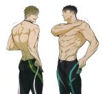  2boys abs bara black_hair black_male_swimwear brown_hair free! goggles highres holding holding_goggles jammers large_pectorals looking_at_another male_focus male_swimwear multiple_boys muscular muscular_male navel nipples pectorals short_hair smile tachibana_makoto topless_male yamazaki_sousuke zac_kan 