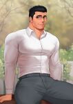  1boy absurdres bara black_hair closed_mouth collared_shirt day glasses grey_pants highres large_pectorals male_focus mikicat muscular muscular_male original outdoors pants pectorals shirt short_hair smile solo white_shirt 