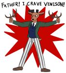  2020 anthro antlers beastars cervine clothed clothing deeeer_simulator deer dialogue english_text full-length_portrait fully_clothed gun handgun horn horsemanoftheapocalypse humor louis_(beastars) male mammal pistol portrait ranged_weapon red_deer school_uniform solo standing text uniform weapon 