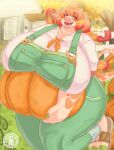  absurd_res anthro autumn big_breasts bovid bovine breasts brown_body brown_eyes brown_fur building cattle clothing colored_nails curled_tail curvy_figure female food fruit fur grass green_nails green_overalls hair hi_res holding_pumpkin horn house huge_breasts jumping looking_at_viewer mammal nails open_mouth orange_hair outside overalls pink_nose plant pumpkin raised_tail sasanoha6011 shirt smile solo tail thick_thighs topwear tree twintails_(hairstyle) voluptuous white_body white_clothing white_fur white_horn white_shirt white_topwear wide_hips 