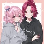  1boy 1girl araki_(utaite) black_hoodie blue_ribbon braid closed_mouth french_braid grey_hoodie hair_bun hair_ornament hair_ribbon highres hood hoodie intkrgr_anm long_sleeves niconico nqrse pink_eyes pink_hair pointing pointing_at_self red_eyes red_hair ribbon short_hair single_hair_bun utaite 