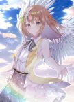  1girl blush brown_hair feathered_wings grey_eyes grey_skirt hanasato_minori highres long_hair project_sekai skirt sky sleeveless solo white_wings wings yomogi_mogu 