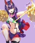  1girl aona_(anagasaki) bare_shoulders bob_cut breasts cheerleader collarbone crop_top crop_top_overhang eyeliner fangs fate/grand_order fate_(series) highres holding holding_pom_poms horns looking_at_viewer makeup midriff miniskirt navel oni oni_horns open_mouth pom_pom_(cheerleading) purple_eyes purple_hair purple_skirt revealing_clothes short_hair shuten_douji_(fate) skin-covered_horns skirt small_breasts smile solo sparkle thighs 