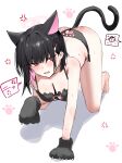  1girl 1other all_fours anger_vein animal_ears animal_hands arona&#039;s_sensei_doodle_(blue_archive) ass bare_legs barefoot bikini black_bikini black_hair blue_archive blush breasts cat_cutout cat_ears cat_paw_cutout cat_tail cleavage clothing_cutout colored_inner_hair extra_ears gloves halo highres horn/wood kazusa_(blue_archive) looking_at_another medium_breasts multicolored_hair paw_gloves pink_hair sensei_(blue_archive) solo_focus spoken_expression swimsuit tail 
