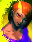  1girl artist_name bellhenge blunt_bangs bob_cut breasts cleavage closed_mouth collarbone demon_girl english_commentary eyelashes facial_mark head_tilt horns large_breasts lipstick looking_at_viewer makeup mascara orange_hair original pink_eyes purple_shirt red_lips shirt short_hair single_horn smile upper_body yellow_background yellow_horns 