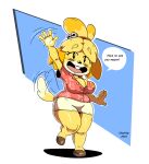  animal_crossing anthro bell big_breasts breasts canid canine canis clothing domestic_dog dredzkai female footwear fur gesture hi_res isabelle_(animal_crossing) mammal nintendo solo tail teeth thick_thighs waving yellow_body yellow_fur 