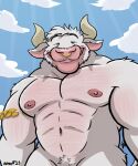  2023 abs absurd_res anthro asterion_(minotaur_hotel) biceps bovid bovine cloud european_mythology eyes_closed facial_piercing fur greek_mythology hi_res horn male mammal minotaur minotaur_hotel muscular muscular_male mythology nanoff navel nipples nose_piercing nose_ring nude pecs piercing ring_piercing smile solo white_body white_fur 