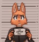  2023 anthro barbie_and_ken_mugshot_meme black_clothing black_topwear bust_portrait canid canine clothing diane_foxington dreamworks english_text eyebrow_piercing facial_piercing female fox fur hi_res mammal meme mugshot orange_body orange_fur piercing portrait solo spuydjeks text the_bad_guys topwear 