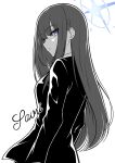  1girl alternate_costume black_suit blue_archive character_name formal from_behind generic_33 greyscale halo highres long_hair looking_at_viewer looking_back monochrome parted_lips purple_eyes saori_(blue_archive) simple_background solo spot_color suit white_background 
