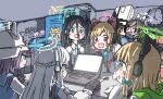  6+girls animal_ear_headphones animal_ears aris_(blue_archive) black_hair blonde_hair blue_archive braid cat_ear_headphones clock commentary_request computer fake_animal_ears french_braid game_development_department_(blue_archive) glasses halo headphones highres jacket kuragesensei laptop locker midori_(blue_archive) miyako_(blue_archive) miyu_(blue_archive) moe_(blue_archive) momoi_(blue_archive) multiple_girls rabbit_ear_headphones rabbit_platoon_(blue_archive) railgun saki_(blue_archive) school_uniform siblings sisters smile trash_can twins white_hair yuzu_(blue_archive) 