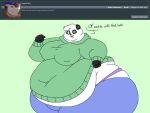  2018 4:3 5_fingers anthro ask_blog batspid2 bear big_breasts biped black_claws black_eyebrows black_eyelashes black_hair black_nose blue_bottomwear blue_clothing bottomwear breasts claws clothing dialogue digital_drawing_(artwork) digital_media_(artwork) double_chin ear_markings english_text exclamation eyebrows facial_markings female fingers flat_colors front_view fur giant_panda glistening glistening_eyes green_clothing green_eyes green_topwear hair head_markings hoodie huge_belly huge_thighs hyper hyper_hips hyper_thighs love_handles mammal markings mask_(marking) morbidly_obese morbidly_obese_anthro morbidly_obese_female multicolored_body multicolored_fur navel nipple_outline obese obese_anthro obese_female open_mouth overweight overweight_anthro overweight_female panties pants pink_clothing pink_underwear smile sofia_(batspid2) solo standing text thick_thighs three-quarter_view tight_clothing tight_underwear tongue topwear underwear white_body white_fur white_hair 