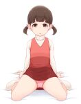  1girl blunt_bangs brown_eyes brown_hair doujima_nanako looking_at_viewer panties persona persona_4 pink_panties red_shirt shirt short_hair short_twintails simple_background socks solo sweater thighs turtleneck turtleneck_sweater twintails underwear white_background white_socks white_sweater yonekura_hisaki 