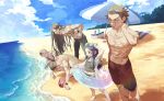  1girl 4boys adjusting_eyewear aqua_eyes asirpa beach beach_umbrella black_hair blue_hair blue_sky brown_hair closed_eyes commentary_request feet_out_of_frame goggles goggles_on_head golden_kamuy grey_hair hand_fan hand_on_own_hip hand_on_own_neck highres holding holding_fan long_hair looking_at_another multiple_boys muscular muscular_male ocean ogata_hyakunosuke oosawa_fusatarou outdoors oziozi_kamuy red_shorts scar scar_on_chest scar_on_face scar_on_leg shiraishi_yoshitake shirt short_hair shorts sky smile squatting sugimoto_saichi transparent_innertube umbrella very_short_hair white_shirt 