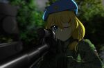  aiming ak-74m assault_rifle black_hairband blonde_hair blue_beret blue_eyes camouflage digital_camouflage foreshortening gloves gun hair_ornament hairband hairclip highres kalashnikov_rifle military military_uniform rifle russia russian_army sci_(31134306) squad_(video_game) uniform weapon 