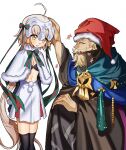  1boy 1girl ahoge beard cloak facial_hair fate/grand_order fate_(series) grey_hair hat headpat highres jeanne_d&#039;arc_alter_santa_lily_(fate) mustache navel ptolemy_(fate) santa_hat thighhighs wen_zhi_(717256) white_background yellow_eyes 