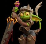  3d_(artwork) 3d_modeling armor big_ears black_background blood bodily_fluids bone digital_media_(artwork) ear_piercing female goblin green_body humanoid melee_weapon piercing simple_background skull solo sword tail teeth thick_thighs unknown_artist weapon yellow_eyes 