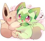  animal_focus blush character_doll eevee fang green_fur highres musical_note no_humans open_mouth pawpads pokemon pokemon_(creature) red_eyes smile solo spoken_musical_note sprigatito yupo_0322 