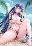  1girl absurdres arm_support bare_shoulders barefoot bikini blue_eyes blue_hair blue_sky blush breasts cloud cloudy_sky collarbone day earrings elf eyewear_on_head head_tilt highres jewelry knee_up large_breasts long_hair looking_at_viewer navel ocean original outdoors parted_lips pointy_ears pulled_by_self scan see-through side-tie_bikini_bottom simple_background sitting sky solo sora_72-iro stomach sunglasses swimsuit thighs toes water water_drop wet 