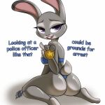  1:1 2020 anthro badge big_butt breasts butt clothing disney ears_up english_text female flirting half-closed_eyes hi_res judy_hopps lagomorph leporid looking_at_viewer looking_back mammal mostly_nude narrowed_eyes rabbit scut_tail short_tail signature sitting skylight_(artist) solo tail text thick_thighs underwear wide_hips zootopia 