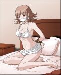  1girl absurdres arms_behind_back bare_legs bare_shoulders barefoot bed bikini bound bound_wrists breasts brown_eyes brown_hair cleavage collarbone danganronpa_(series) danganronpa_2:_goodbye_despair flipped_hair frilled_skirt frills gag gagged galaga hair_ornament highres indoors just_some_guy large_breasts layered_skirt medium_hair mole mole_on_breast nanami_chiaki navel official_alternate_costume pillow rope sitting skirt solo stomach swimsuit white_bikini yokozuwari 