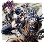  2boys angry armor biceps blue_bodysuit blue_sash blue_shirt blue_wristband bodysuit boots border breastplate commentary_request dougi dragon_ball dragon_ball_super glasses gloves grey_eyes hands_up highres looking_at_viewer male_focus multiple_boys muscular muscular_male no_eyebrows open_mouth orange_pants outside_border pants pectorals purple_eyes purple_hair saiyan_armor sash serious shirt short_sleeves simple_background son_goku spiked_hair teeth tongue ultra_ego_(dragon_ball) ultra_instinct ushi_(akabec0) v-shaped_eyebrows vegeta white_border white_footwear white_gloves white_hair wristband 