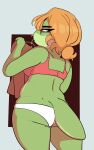  2019 anthro black_eyebrows black_eyes bra clothed clothing dactyloid eyebrows eyewear female frannie_franklin glasses green_body hair hi_res lizard looking_back orange_hair panties partially_clothed pink_bra pink_clothing pink_underwear ponytail reptile scalie slightly_chubby slightly_chubby_female solo sprockeyart tail thick_tail underwear white_clothing white_panties white_underwear 