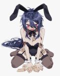  1girl :3 :d animal_ears arisugawa_dice bare_shoulders between_breasts black_bow black_bowtie black_leotard blue_hair blush bow bowtie breasts brown_thighhighs dbffnj9yodnccnd detached_collar fake_animal_ears fang fingernails from_above genderswap genderswap_(mtf) hair_between_eyes highres hypnosis_mic leotard long_hair money money_between_breasts open_mouth pink_eyes playboy_bunny rabbit_ears sidelocks sitting smile solo sweat thighhighs tucked_money very_long_hair wariza wrist_cuffs 