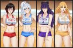  4girls ;p absurdres ahoge alternate_costume arm_under_breasts bare_shoulders black_bow black_hair blake_belladonna blonde_hair blue_buruma blue_eyes blurry blurry_background blush bow braid braided_ponytail breasts buruma clenched_teeth collarbone copyright_name floral_print grey_eyes gym gym_uniform hair_bow hand_on_own_hip high_side_ponytail highres indoors jersey large_breasts long_hair looking_at_viewer medium_breasts midriff multicolored_hair multiple_girls navel number_print one_eye_closed open_mouth parted_lips purple_buruma purple_eyes purple_hair red_buruma red_hair rose_print ruby_rose rwby scar scar_across_eye scar_on_face short_hair small_breasts snowflake_print sports_bra stomach teeth tehshraid thighs tongue tongue_out two-tone_hair v-shaped_eyebrows wavy_hair weiss_schnee white_hair yang_xiao_long yellow_buruma yellow_eyes 