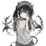  1girl ahoge blunt_bangs breasts demon_girl demon_horns demon_tail demon_wings dot_mouth expressionless grey_eyes greyscale hand_up horns looking_at_viewer monochrome norisakana original short_shorts short_sleeves shorts sidelocks simple_background small_breasts solid_eyes solo tail twintails upper_body white_background wings 