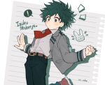  ! 1boy artist_name belt blush boku_no_hero_academia brown_belt character_name coi_mha collared_shirt green_pants grey_jacket grey_shirt jacket long_sleeves midoriya_izuku necktie notice_lines open_clothes open_jacket pants red_necktie school_uniform shirt shoes short_necktie solo speech_bubble u.a._school_uniform 