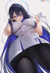  1girl black_hair blue_archive blue_eyes blue_hair blush breasts cameltoe colored_inner_hair earrings fat_mons glasses gloves greatodoggo halo highres jewelry large_breasts long_hair looking_at_viewer looking_down multicolored_hair pantyhose pointy_ears rimless_eyewear rin_(blue_archive) solo very_long_hair white_background white_gloves 