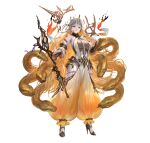  1girl absurdres bare_shoulders blonde_hair bodysuit breasts clothing_cutout detached_sleeves fire_emblem fire_emblem_heroes floating floating_object full_body gold_trim gradient_clothes grey_bodysuit grey_hair gullveig_(fire_emblem) gullveig_(seer_beyond_time)_(fire_emblem) high_heels highres horns large_breasts long_hair long_sleeves looking_at_viewer multicolored_hair official_art open_pants pale_skin pants puffy_pants seidr_(fire_emblem) single_horn snake snake_hair solo thick_thighs thigh_cutout thigh_strap thighs tight_clothes two-tone_hair very_long_hair yellow_eyes yoshiku_(oden-usagi) 