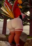  3d_(artwork) anthro big_breasts big_butt breasts butt digital_media_(artwork) feathers female generation_2_pokemon hi_res ho-oh huge_butt legendary_pokemon looking_at_viewer looking_back looking_back_at_viewer nintendo nipples pokemon pokemon_(species) red_body red_feathers solo xlkev 