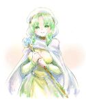  1girl breasts cape dress fire_emblem fire_emblem:_thracia_776 green_dress green_eyes green_hair holding holding_staff hood kitazawa_eri large_breasts looking_at_viewer nun safy_(fire_emblem) smile solo staff white_cape 