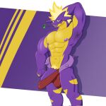  1:1 2023 abs amped_toxtricity anthro balls blonde_hair bottomless bulge clothed clothing flexing_bicep generation_8_pokemon genitals hair half-erect half-erect_under_clothing hand_behind_head hi_res humanoid_genitalia humanoid_penis kelsdungeon long_penis looking_at_viewer male multicolored_body multicolored_skin muscular muscular_anthro muscular_male musical_note navel nintendo nipples penis pokemon pokemon_(species) pubes purple_body purple_eyes purple_nipples purple_penis purple_skin raised_arm red_clothing red_underwear simple_background solo standing tongue tongue_out topless topless_anthro topless_male toxtricity two_tone_body two_tone_skin underwear underwear_only yellow_body yellow_skin 
