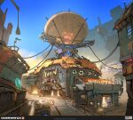  2023 arena balloon blue_sky building concept_art copyright_name english_commentary english_text fence highres logo no_humans official_art outdoors overwatch overwatch_2 radio_antenna scenery shop sign sky spikes ventilation_fan wire 