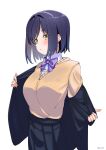  1girl absurdres black_jacket black_skirt blush bow bowtie breasts collared_shirt highres hizikit jacket long_sleeves looking_at_viewer medium_breasts nijisanji parted_lips purple_bow purple_bowtie purple_hair shirt shizuka_rin shizuka_rin_(1st_costume) short_hair sidelocks simple_background skirt solo sweater sweater_tucked_in sweater_vest twitter_username undressing upper_body virtual_youtuber white_background yellow_eyes yellow_sweater 