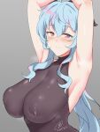  1girl 9rimson ahoge arched_back armpits arms_up black_leotard blue_hair blush breasts closed_mouth covered_collarbone covered_nipples dated ganyu_(genshin_impact) genshin_impact goat_horns grey_background hair_between_eyes highres horns impossible_clothes lactation lactation_through_clothes large_areolae large_breasts leotard long_hair looking_at_viewer multicolored_hair pink_hair puffy_nipples purple_eyes shiny_skin sidelocks signature simple_background sleeveless solo steaming_body streaked_hair sweatdrop 