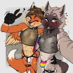 anthro avante92 blush brown_hair bulge canid canine clothed clothing collar dipstick_tail duo fishnet fishnet_clothing fishnet_topwear fluffy fluffy_tail fox fur gesture green_eyes grey_body grey_fur hair hi_res jockstrap lgbt_pride looking_at_viewer male male/male mammal markings one_eye_closed orange_body orange_fur partially_clothed pride_color_clothing pride_colors smile tail tail_markings topwear underwear v_sign wings wink 