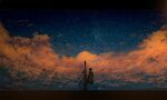  1girl backpack bag black_cat cat chocoshi cloud cloudy_sky commentary_request dusk from_behind letterboxed night night_sky orange_clouds original outdoors photoshop_(medium) scenery sitting sky sky_focus solo star_(sky) starry_sky sunset utility_pole water_drop wide_shot 